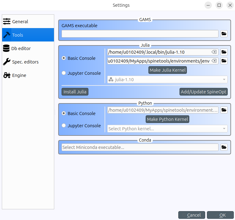 Configure spine tools
